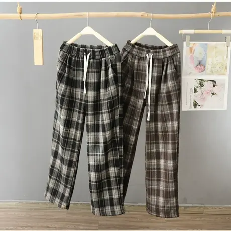 享永子【别具一格】磨毛细绒格子加厚毛呢直筒阔腿裤高腰休闲长裤图片