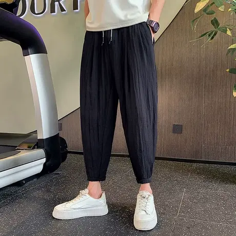 夏季男士潮流百搭高级休闲九分哈伦冰丝垂感透气凉爽束腿裤空调裤商品大图