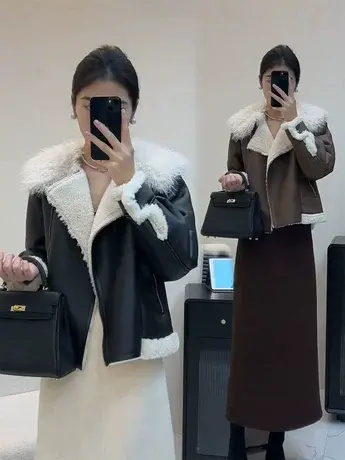 毛领羊羔毛皮衣外套女短款美拉德大翻领加绒加厚皮毛一体机车上衣图片