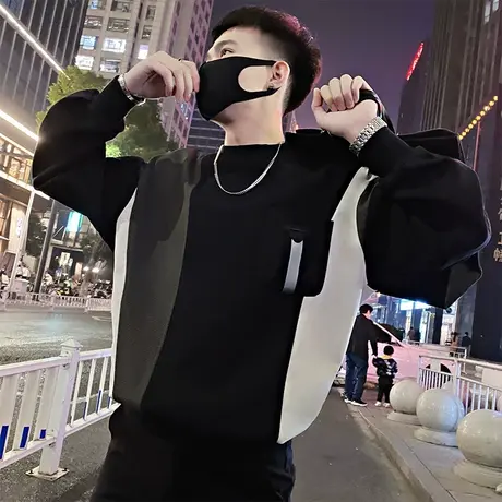 拼色卫衣ins潮牌痞帅长袖T恤2023新款撞色打底衫春季个性拼接外套商品大图