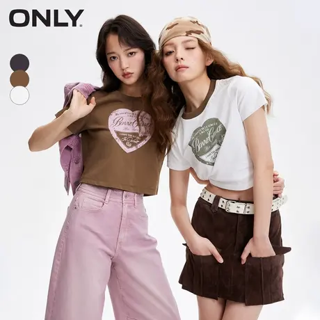 ONLY奥莱夏季复古做旧印花撞色螺纹圆领短款T恤女商品大图