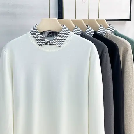 抗起球衬衫领假两件毛衣男秋冬时尚潮流打底衫保暖套头针织衫男装商品大图