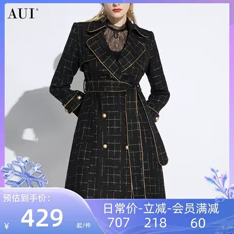 AUI欧洲站黑色格子毛呢外套女2024春新款气质中长款收腰呢子大衣图片