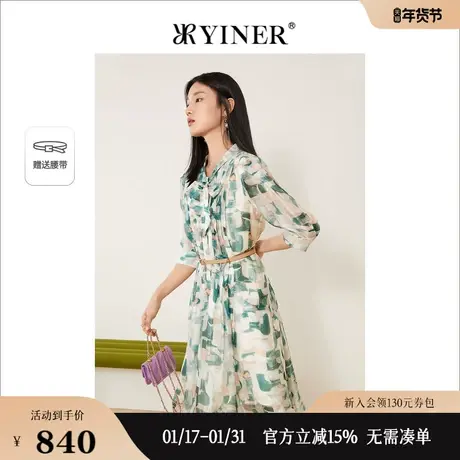 YINER音儿专选女装夏季时尚蝴蝶结飘带雪纺七分袖碎花连衣裙图片