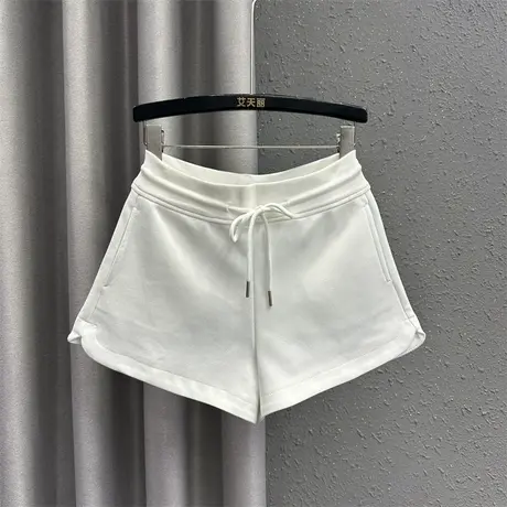 韩版休闲运动裤女25春夏新款白色松紧腰抽绳洋气百搭a字阔腿短裤商品大图