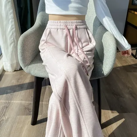 粉色窄版阔腿裤女春秋新款高腰垂感休闲卫裤小个子抽绳香蕉运动裤商品大图