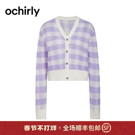 撞色马海毛针织毛衣女 ochirly欧时力2024新款春装格子软糯轻薄商品大图