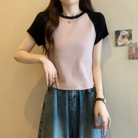 2024年新款早春夏装T恤半袖女韩版修身拼接撞色短款正肩短袖上衣商品大图