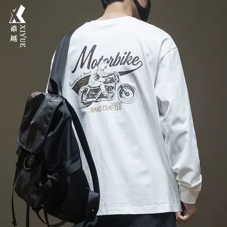 美式机车印花长袖T恤男2024春季款260g重磅宽松大码男士纯棉上衣商品大图