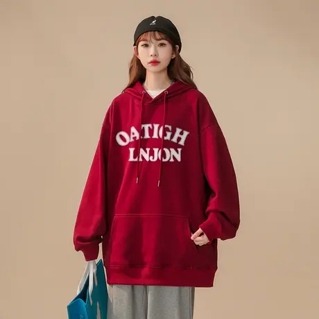 酒红色连帽卫衣女秋冬季加绒加厚ins潮牌国潮设计感宽松大码外套商品大图
