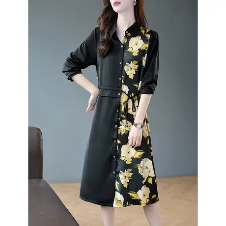 宝诗黎印花拼接系带气质衬衫长裙2024春季新款时尚优雅雪纺连衣裙图片