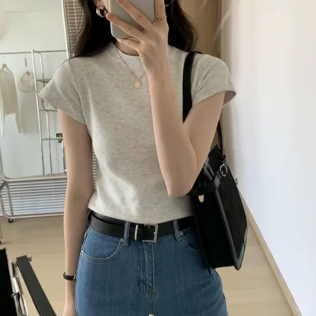 2024新款爆款设计感短袖t恤ins辣妹圆领打底T恤别致绝美小上衣女商品大图
