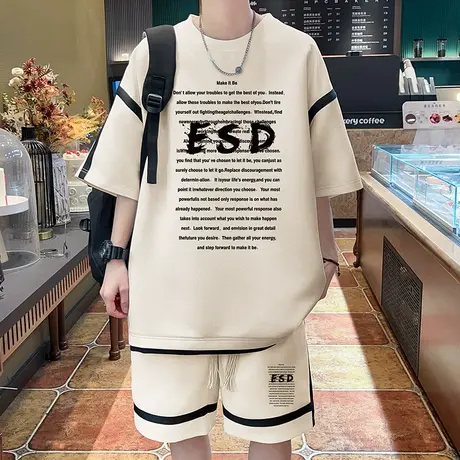 华夫格短袖t恤男夏季中袖休闲运动套装男潮牌五分半袖短裤两件套T商品大图