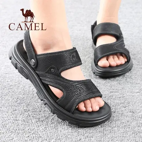 Camel/骆驼男鞋夏季新款品真牛皮正两穿露趾拖透气爸爸休闲凉鞋子商品大图