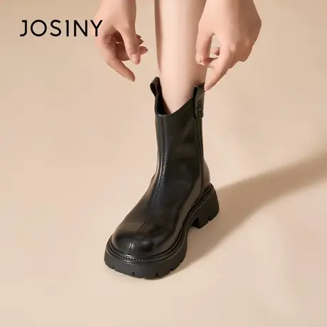 卓诗尼厚底瘦瘦靴女2023冬新款圆头百搭软皮英伦风复古粗跟小短靴图片