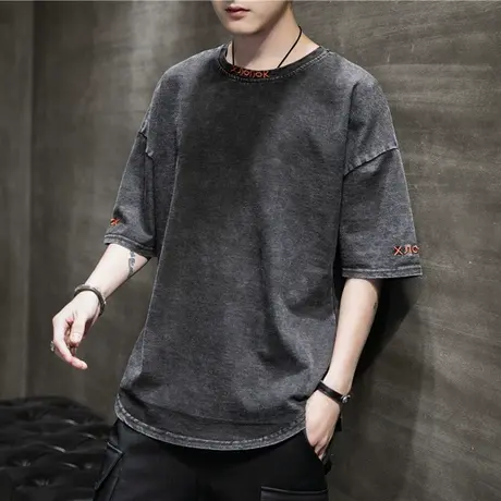 夏季五分袖T恤男士短袖2023新款潮牌宽松半袖圆领牛仔上衣服男装商品大图