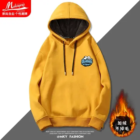 卡通芝麻街联名卫衣男加绒加厚连帽衫青少年胸标休闲潮牌宽松外套图片