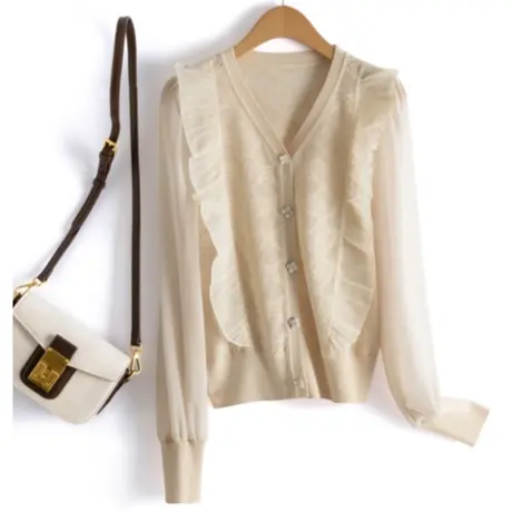 时尚温柔简约百搭显瘦针织衬衫2023年春季新款淑女甜美V领上衣商品大图