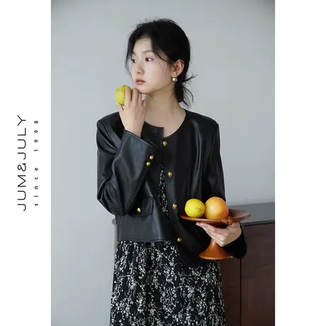 嘉茱莉2023秋季新款美式圆领皮衣外套女短款复古小个子皮外套上衣商品大图