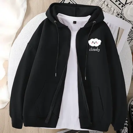 黑色开衫连帽卫衣女2023新款宽松女款秋装拉链薄款设计感上衣外套商品大图