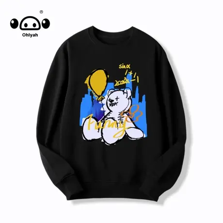 黑色圆领卫衣女春秋薄款无帽潮牌ins宽松2023新款简约上衣情侣装商品大图