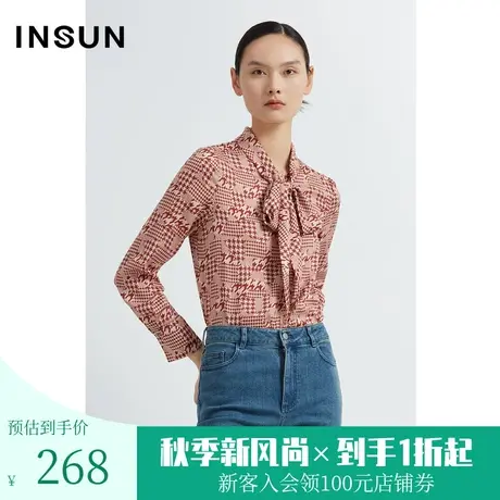 恩裳春秋季时尚飘带设计经典千鸟格绒缎衬衫上衣女图片