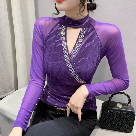 欧货网纱打底衫女秋冬2023新款性感交叉V领T恤长袖心机镂空上衣女商品大图