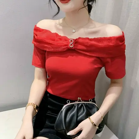 时尚露肩一字领T恤女短袖2023夏装新款性感气质小衫网红修身上衣商品大图