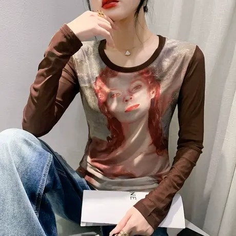 时尚印花雪纺衫女长袖秋季2023新款设计感小众上衣内搭圆领打底衫图片