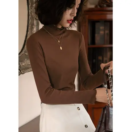 弥古棕色高领打底衫长袖薄款t恤女春秋小众高级感木耳边上衣内搭商品大图