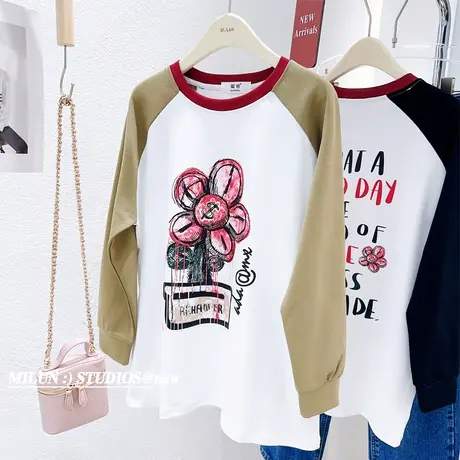 2023春秋新款长袖上衣韩版洋气时髦太阳花美式复古插肩袖T恤欧货图片