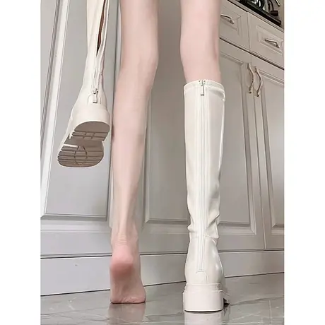 小个子长筒靴女2023秋冬新款超火显腿瘦瘦骑士靴复古厚底白色长靴图片