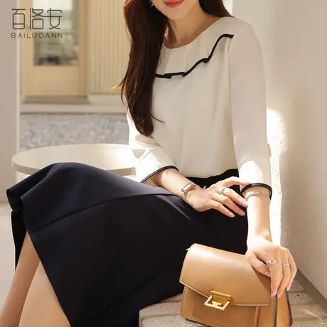 百洛安荷叶边拼接衬衣女夏季新款通勤七分袖上衣宽松显瘦圆领衬衫图片