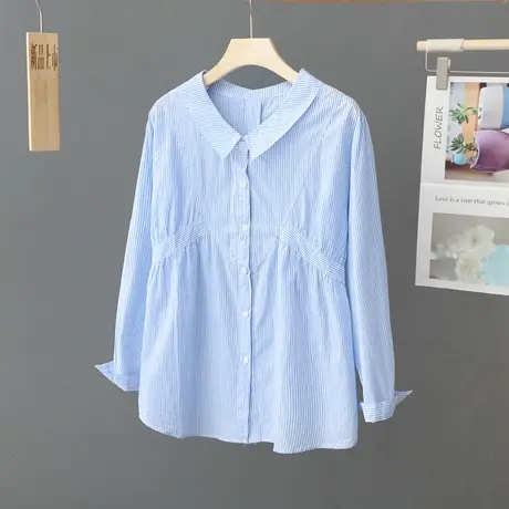 浅蓝色竖条纹长袖衬衫女设计感收腰显瘦棉质衬衣小清新宽松上衣图片