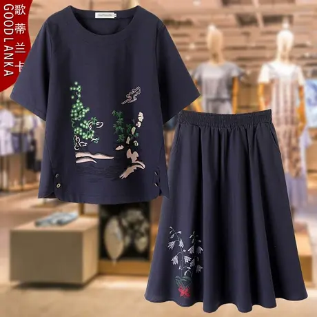 大码妈妈夏装短袖T恤两件套宽松中老年民族风棉麻上衣半身裙套装商品大图