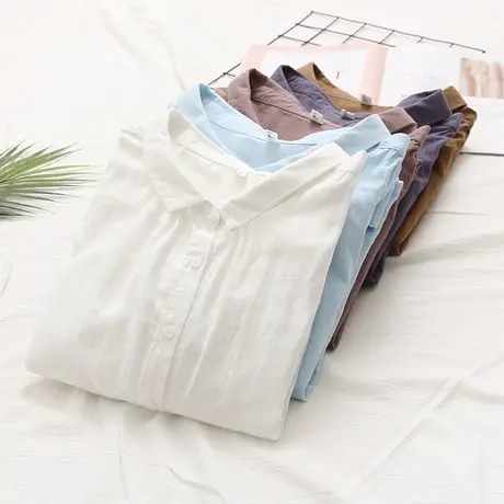 文艺简约纯色翻领纯棉双层棉纱中袖衬衫女日系宽松显瘦七分袖上衣商品大图