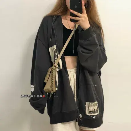 oversize卫衣女chic港味宽松韩版潮ins连帽上衣春秋薄款开衫外套商品大图