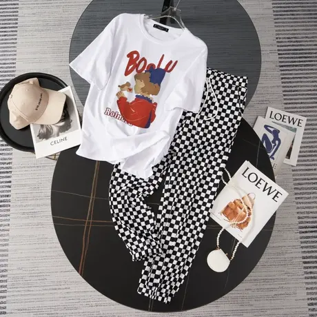 纯棉港风运动服套装女夏季宽松短袖长裤小个子时尚洋气休闲两件套图片