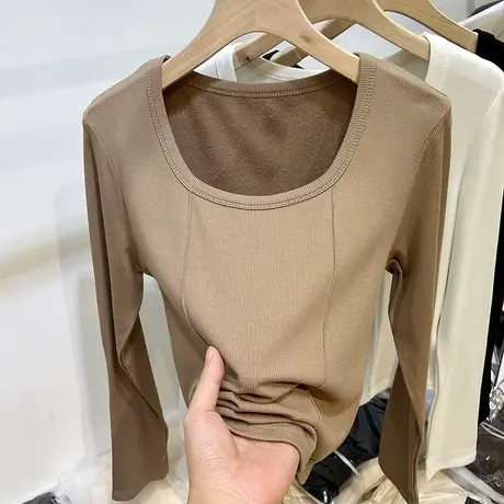 欧货设计感方领锁骨螺纹长袖T恤女2022秋冬新款加薄绒打底衫上衣商品大图