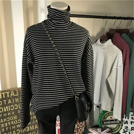 2023年春秋冬季薄新款百搭条纹高领打底衫女洋气内搭长袖上衣t恤商品大图