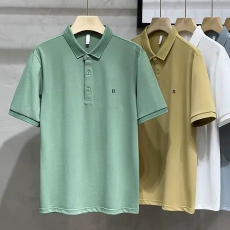 桑蚕丝商务t恤男潮牌简约字母刺绣polo衫男士短袖2023新款潮流商品大图