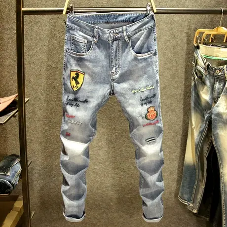 2023新款高端牛仔裤男潮牌修身小脚裤潮流时尚刺绣图案印花裤子男图片