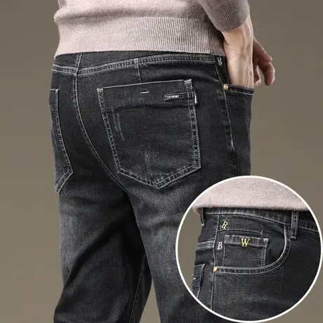 秋季冬季微锥形牛仔裤男士修身小脚直筒黑色休闲长裤子男裤春秋款商品大图