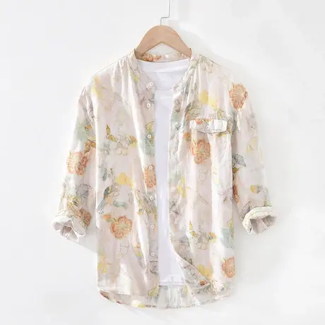 亚麻衬衫男休闲印花七分袖衬衣夏季薄款港风短袖棉麻上衣外套潮流商品大图