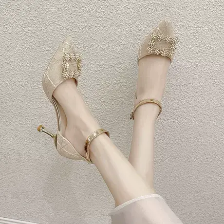单鞋2023年新款春夏季中空水钻仙女风一字扣带伴娘鞋细跟高跟鞋女图片