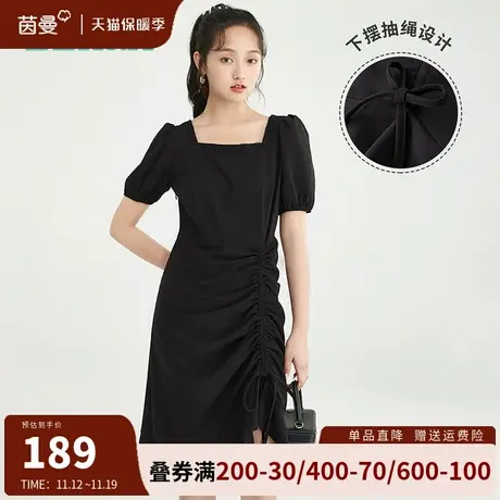 茵曼法式方领连衣裙女2023年春夏新款气质收腰显瘦中长裙小黑裙图片