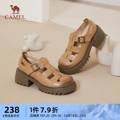 骆驼女鞋2023夏季新款罗马凉鞋女士真皮包头粗跟厚底镂空猪笼鞋图片