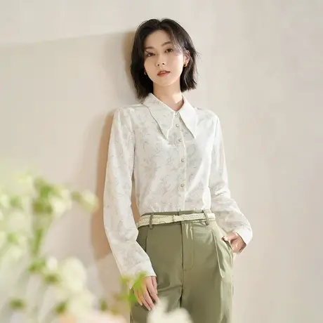 【商场同款】茵曼2023春女装新款优雅直角肩印花波浪边翻领衬衣图片