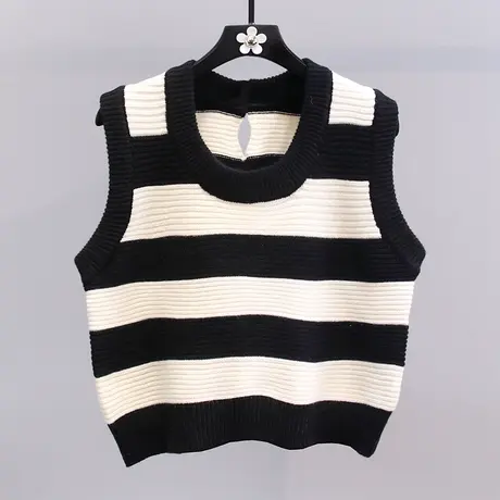 撞色条纹针织马甲女早秋2023新款韩版温柔气质内搭无袖毛衣背心商品大图