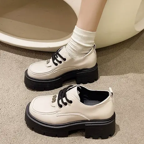 爆款小皮鞋女2023秋季新款英伦风厚底增高女鞋黑色系带松糕乐福鞋商品大图